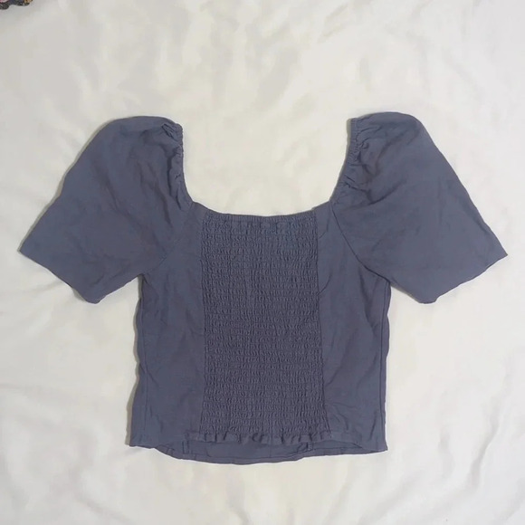 A&F Puff Sleeve Shine Cotton-Blend Square Neck Top, Color Blue Size XS - Picture 2 of 14
